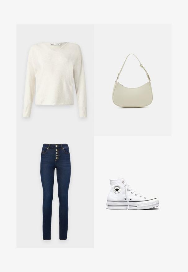 Crème V-halstrui van zacht materiaal, met lange mouwen en geribbelde manchetten, met een licht cropped, losse pasvorm.; Donkerblauwe skinny jeans van denim met een hoge taille, vijfknopen sluiting en contrasterende oranje stiksels.; Witte hoge Converse Chuck Taylor All Star sneaker met zwart logopatch en witte veters, weergegeven op een witte achtergrond.; Pieces PCALUANA SHOULDER BAG - Handtas - birch