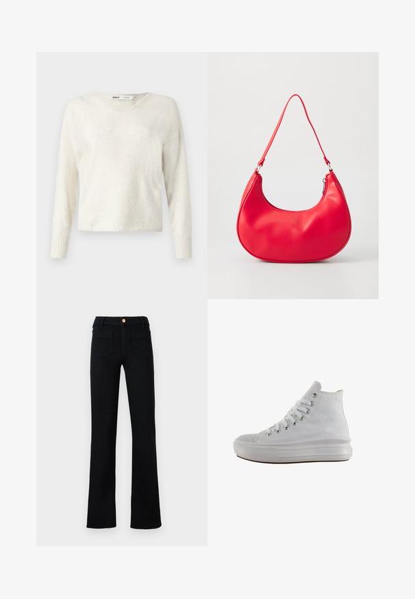 V-hals creme sweater lavet af blødt materiale, med lange ærmer og ribbede manchetter, i et let cropped, løst design.; Sorte højtaljede lige ben jeans med frontlomme og kobberknaplukning på en neutral baggrund.; Hvid højt canvas sneaksko med hvide snørebånd, metaløjer, tyk gummisål og tekstureret tåhætte, vendt mod venstre på en hvid baggrund.; Rød syntetisk læder skuldertaske med en buet form, slank rem og lynlås lukning. Glat tekstur med synlige syninger.