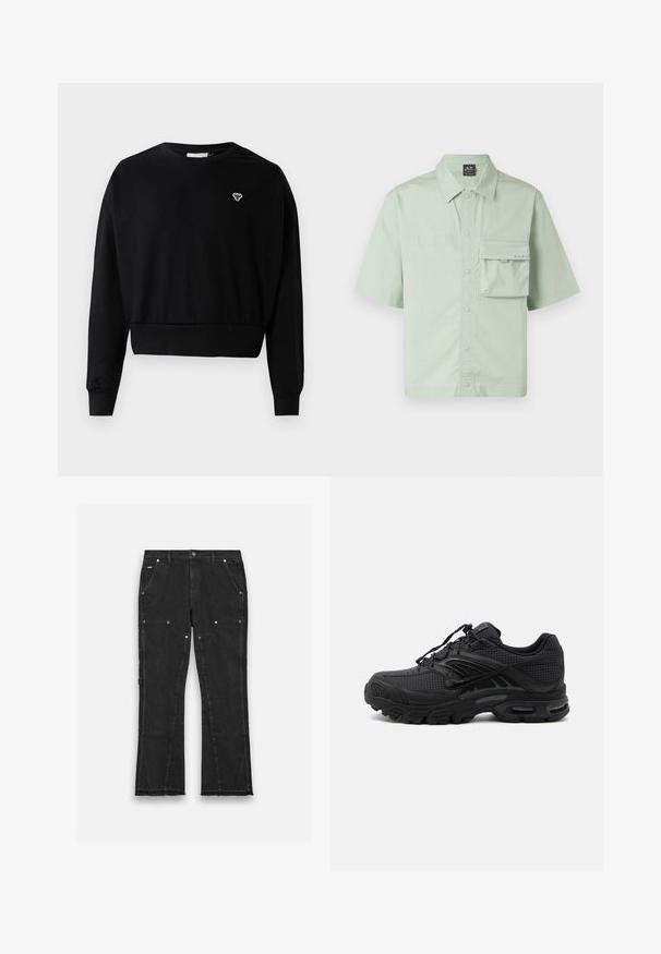 Sort cropped sweatshirt med rund halsudskæring, lange ærmer og et lille broderet logo på brystet, lavet af en blød bomuldsblanding.; Korte ærmer skjorte i lys grøn stof, med knaplukning foran, krave og en enkelt brystlomme med logo-detaljering.; Sorte denimbukser med lige ben-design, der har to forlommer, metallisk hardware og en rå kantdetalje nederst.; Sort atletisk sneaker med tekstureret stof, tyk polstret sål, luftventiler og snørelukning, vist fra siden på en lys baggrund.