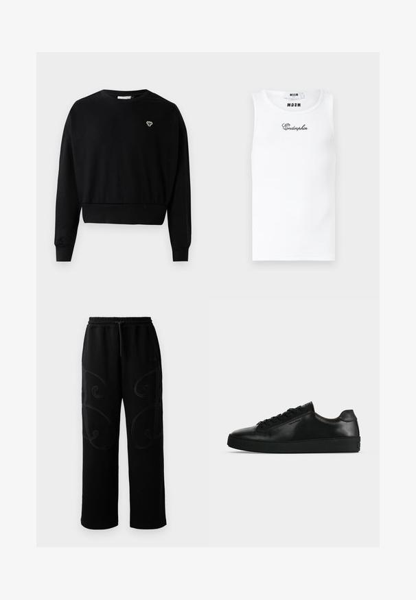 Sweatshirt noir cropped avec un col rond, des manches longues et un petit logo brodé sur la poitrine, fabriqué en mélange de coton doux.; Débardeur blanc sans manches à côtes avec le texte cursif noir "Endorphin" brodé sur la poitrine et des étiquettes internes de la marque MSGM au niveau de l'encolure.; Pantalons de jogging noirs avec une coupe décontractée, présentant des motifs de couture tourbillonnants complexes sur les côtés et une ceinture élastique avec cordon de serrage.; Basket basse en cuir noir avec lacets noirs et semelle épaisse noire, vue de profil sur fond gris clair.