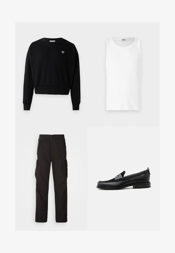 Zwarte cropped sweatshirt met een ronde nek, lange mouwen en een klein geborduurd logo op de borst, gemaakt van een zachte katoenmix.; Witte katoenen mouwloze tanktop met een ronde halslijn en een gladde textuur. Eenvoudig ontwerp, geen patronen of accenten.; Zwarte cargobroek met een rechte snit, elastische tailleband, meerdere zijzakken en een textiele stof voor duurzaamheid.; Zwarte leren loafer met grijs riemdetailelement, lage hak en gestructureerde zool, aan de zijkant gebrandmerkt met "HUGO" in goud.