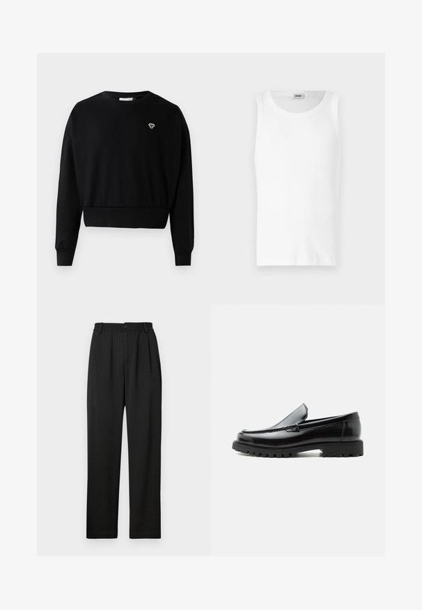 Sort cropped sweatshirt med rund halsudskæring, lange ærmer og et lille broderet logo på brystet, lavet af en blød bomuldsblanding.; Hvid bomulds tanktop uden ærmer med rund halsudskæring og en glat tekstur. Enkel design, ingen mønstre eller accenter.; Sorte bukser med et struktureret mønster, der har en bred talje med en knap og forkærninger foran for en skræddersyet pasform. Lige ben-design.; Sort læderloafer med chunky gummisål, syet overdel og præget mærkenavn på hælen, vist i sideprofil på hvid baggrund.