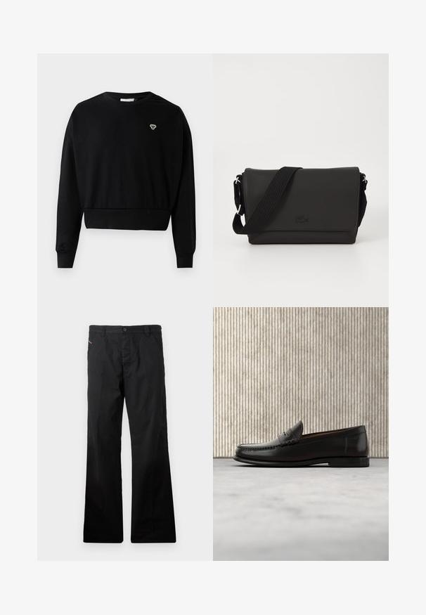 Zwarte cropped sweatshirt met een ronde nek, lange mouwen en een klein geborduurd logo op de borst, gemaakt van een zachte katoenmix.; Zwarte, katoenen, rechte broek met een knoopsluiting. Bevat zijzakken en heeft een minimalistisch ontwerp zonder zichtbare patronen of accenten.; Zwarte leren penny loafer met lage hak, afgeronde neus en gestikte details langs de voorkant en zijkanten, afgebeeld op een neutrale achtergrond.; Lacoste MESSENGER BAG MEN CLASSIC - Schoudertas - noir