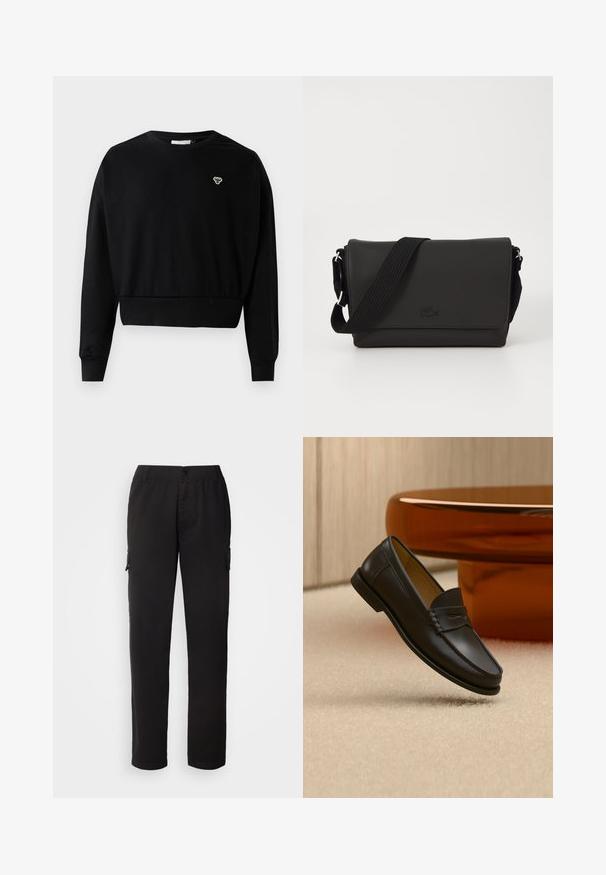 Zwarte cropped sweatshirt met een ronde nek, lange mouwen en een klein geborduurd logo op de borst, gemaakt van een zachte katoenmix.; Zwarte cargobroek van duurzaam materiaal; heeft een elastische tailleband, voor- en zijzakken en een recht model.; Zwarte leren loaferschoen zwevend boven een beige tapijt met amberkleurige moderne meubels op de achtergrond.; Lacoste MESSENGER BAG MEN CLASSIC - Schoudertas - noir
