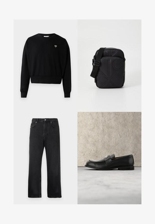 Schwarzer, kürzer geschnittener Pullover mit Rundhalsausschnitt, langen Ärmeln und kleinem, gesticktem Logo auf der Brust, aus einem weichen Baumwollgemisch gefertigt.; Schwarze gerade geschnittene Jeans mit Vordertaschen, Gürtelschlaufen und einem Knopfverschluss auf weißem Hintergrund.; Schwarzer Lederloafer mit einer Metallmarkenplatte, der nahe einem braunen runden Tisch auf beigem Teppichboden ruht.; Schwarze gesteppte Umhängetasche mit verstellbarem Tragegurt, rechteckiger Form, mit geprägtem Logo-Muster und glatter Textur.