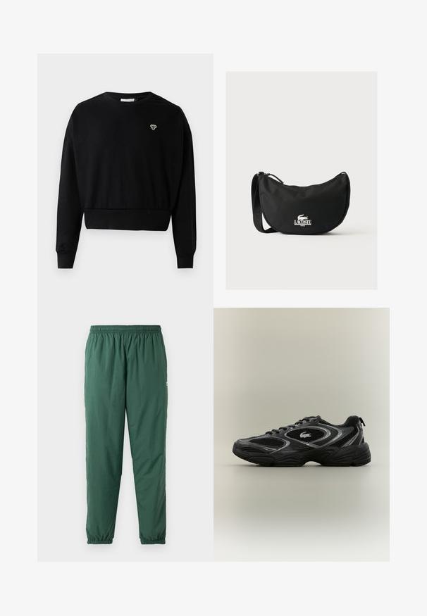 Zwarte cropped sweatshirt met een ronde nek, lange mouwen en een klein geborduurd logo op de borst, gemaakt van een zachte katoenmix.; Groene, lichtgewicht, elastische broek met een geplooide tailleband en boorden, gemaakt van een gladde, waterafstotende stof.; Zwarte en grijze sport sneaker met meshpanelen, vetersluiting, dikke zool en een klein krokodillologo aan de zijkant.; Zwarte Lacoste schoudertas met gebogen vorm, verstelbare riem en wit reliëf krokodillenlogo boven de merknaam aan de voorkant.