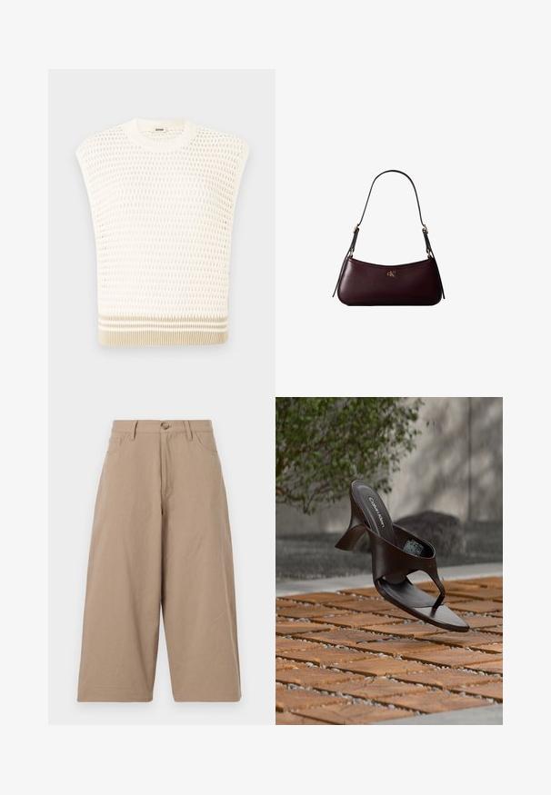 Strikket udenærmet top i creme med et tekstureret mønster. Har en rund halsudskæring og en beige-stribet kant. Let og åndbar design.; Kaki breddeben bukser lavet af bomuld, med høj talje, forlommer og en enkelt knaplukning. Glat tekstur og lige snit.; Brun Calvin Klein hælet thong sandal svævende over træflise og grus udendørs med sløret grønt og stenmur i baggrunden.; Mørk bordeaux læderhåndtaske med en tynd sort skulderrem og lille gyldent "cK" logo foran i midten.