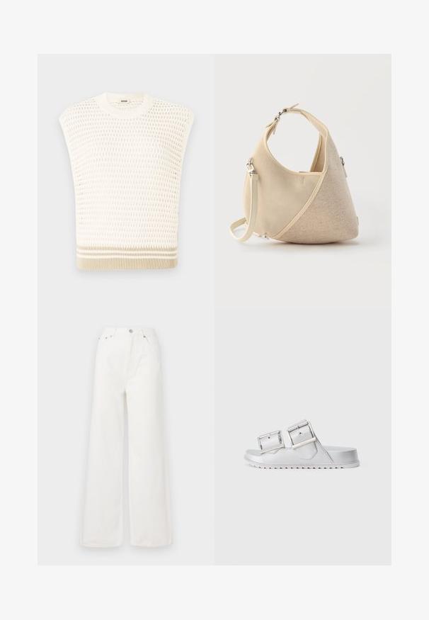 Top sans manches en tricot crème avec un motif texturé. Caractéristiques d'un col rond et d'un ourlet à rayures beiges. Design respirant et léger.; Jeans large à taille haute blancs en denim. Comprend des poches avant, une fermeture à bouton et des détails d'ourlet effiloché.; Sandales argentées avec deux larges brides réglables, matériau texturé et une semelle plate présentant un motif en zigzag au fond.; Sac à main beige en forme de croissant avec textures de tissus mélangées, poignée courte et bandoulière amovible, sur fond clair.
