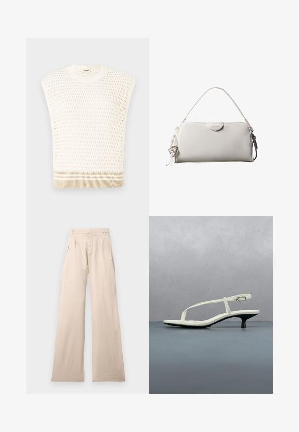 Strikket udenærmet top i creme med et tekstureret mønster. Har en rund halsudskæring og en beige-stribet kant. Let og åndbar design.; Beige vide bukser lavet af bomuld, med bukser foran og en glat tekstur. Designet inkluderer en standard talje og ingen synlig mønster.; Hvid sandal med stropper og kitten-hæl med spids tå, svævende over et trægulv udendørs med en sløret plante og væg i baggrunden.; Hvid rektangulær Calvin Klein håndtaske med enkelt håndtag, minimalistisk design og dekorative kvaster med geometrisk metalvedhæng på siden.