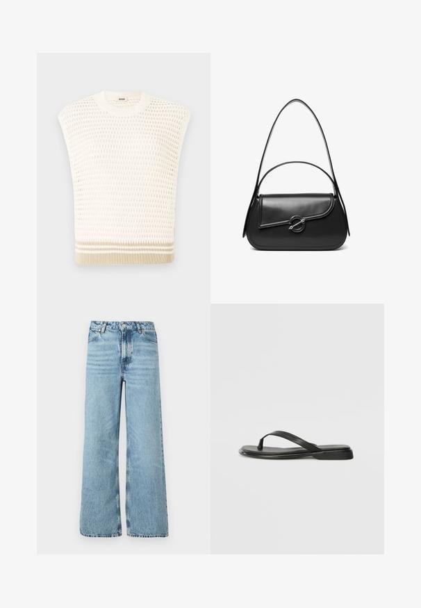 Strikket udenærmet top i creme med et tekstureret mønster. Har en rund halsudskæring og en beige-stribet kant. Let og åndbar design.; Lyseblå wide-leg jeans lavet af denim, med høj talje, fem-lomme design og kontraststing langs sømmene.; Sorte flip-flops lavet af glat læder, med et tyndt remdesign og en flad sål med et minimalt profil. Ingen bemærkelsesværdige mønstre eller accenter.; Sort skuldertaske i læder med en buet klap, der er fastgjort med en rund metal spænde, og en slank, justerbar rem.