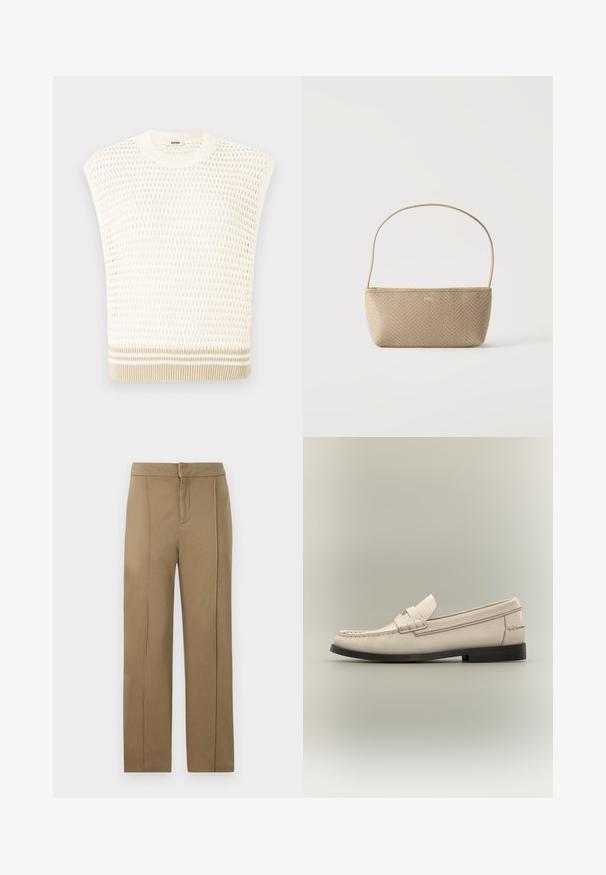 Strikket udenærmet top i creme med et tekstureret mønster. Har en rund halsudskæring og en beige-stribet kant. Let og åndbar design.; Khaki bukser lavet af glat stof, med en mellemhøj talje, lige ben-design og to lodrette sømme for ekstra detaljer.; Beige læder herresko med sort sål og dekorativ remdetalje på lys grå baggrund.; Beige flettet håndtaske med tynd skulderrem og lille guld "BOSS" logo foran, vist mod en ensfarvet hvid baggrund.