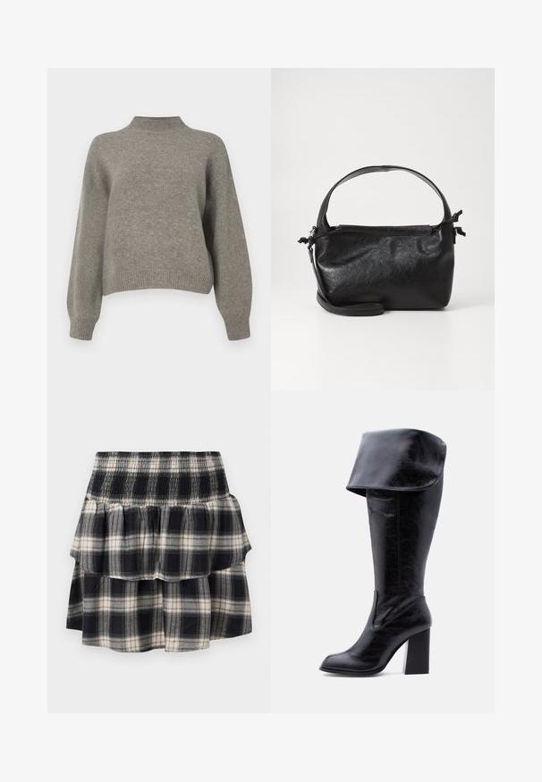 Pull en tricot gris clair avec un col montant, des épaules tombantes et des poignets et ourlet côtelés. Texture douce avec une coupe décontractée.; Jupe à volants à carreaux noir et blanc avec taille smockée. Avec des couches froncées et une texture douce en coton.; Botte haute en cuir noir avec talon, bord plié et bout arrondi, debout sur un fond blanc.; Sac à main en cuir noir au design structuré, avec une poignée arrondie et une bandoulière amovible. Présente une texture lisse et un éclat subtil.