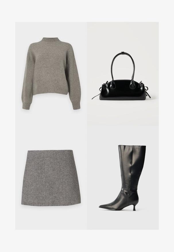 Pull en tricot gris clair avec un col montant, des épaules tombantes et des poignets et ourlet côtelés. Texture douce avec une coupe décontractée.; Jupe à motif chevrons en tissu gris, présentant une silhouette ajustée avec une texture lisse et un ourlet droit et net.; Botte en cuir noire montant jusqu'au genou, avec un bout pointu et un petit talon bas, présentée sur un fond clair uni.; Petit sac à main noir brillant avec deux longues anses et des détails à cordon sur les côtés sur un fond clair uni.