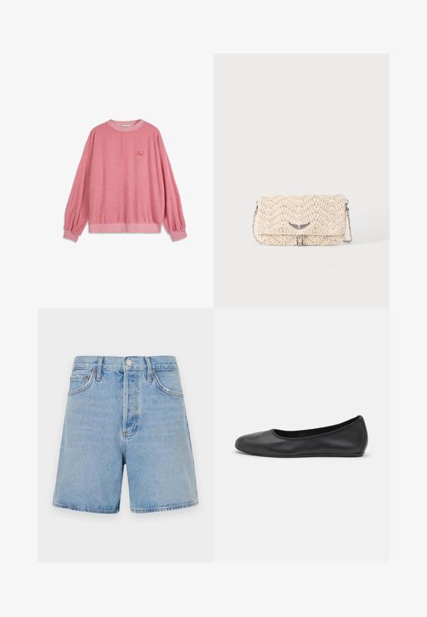 Bobo Choses TERRY - Sweatshirt - pink; Shorts en denim bleu clair à taille haute, avec cinq poches et une fermeture à bouton standard. Présente un léger effet délavé et une coupe droite.; Ballerines en cuir noir avec un bout rond, texture lisse, détails de couture minimalistes et design de semelle flexible.; Pochette tissée beige avec rabat, bandoulière chaîne en métal et petite décoration argentée en forme d'aile à l'avant.