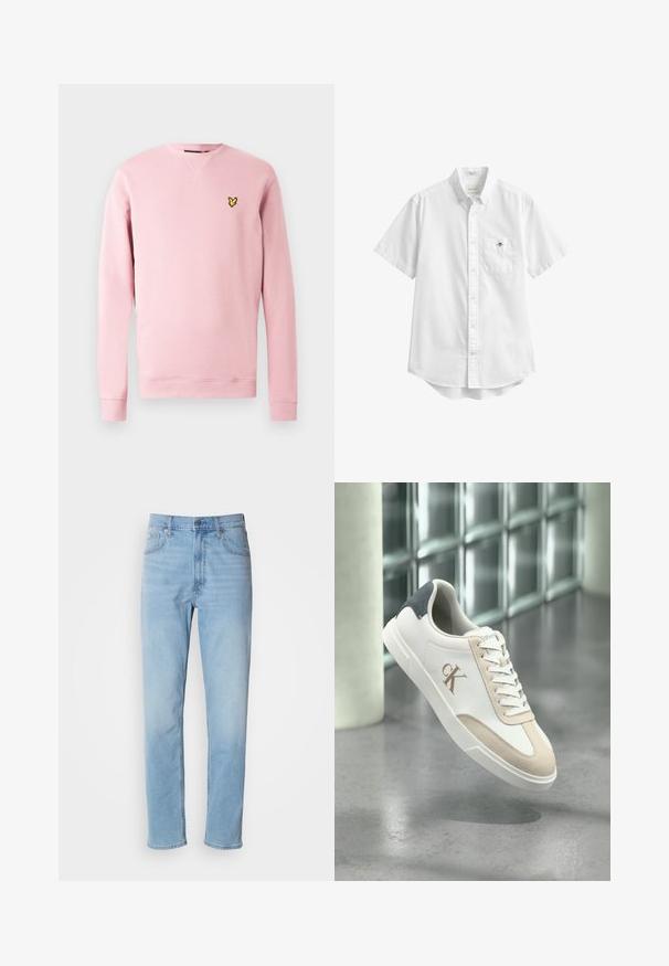 Lichtroze sweatshirt van zacht materiaal, met een ronde hals, geribbelde manchetten en een zwart logo op de linkerborst.; Witte overhemd met korte mouwen en knopen, met borstzak met een klein geborduurd logo en een kraag met knopen.; Lichtblauwe denim jeans met een rechte pasvorm, vijf zakken en riemlussen. De stof heeft een gladde textuur met een lichte vervaging.; Witte sneaker met beige suède accenten, zwarte hielpatch, veters en "cK" logo aan de zijkant, zwevend boven een grijze gepolijste vloer.