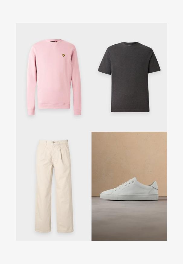 Hellrosa Sweatshirt aus weichem Stoff, mit rundem Halsausschnitt, gerippten Bündchen und einem schwarzen Logo auf der linken Brust.; Graues, kurzärmliges T-Shirt aus einem weichen, leichten Stoff mit Rundhalsausschnitt und minimalen Nähten. Geeignet für den Freizeitbereich.; Beige weit geschnittene Hose mit hoher Taille, Frontfalten, einem vorderen Knopfverschluss und einem glatten Baumwollstoff.; Weißer Leder-Sneaker mit niedrigem Schaft und Schnürsenkeln, schwebend über einem strukturierten beigen Teppich, nahe einem runden Couchtisch aus Holz mit Büchern.