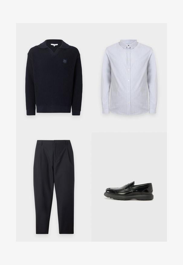 Pull en maille côtelée bleu marine foncé avec un col replié et un petit logo renard brodé sur le côté gauche de la poitrine.; Chemise pour homme à manches longues avec boutons, rayures verticales fines blanches et bleues, col pointu sur fond clair.; Pantalon noir fuselé avec poches latérales et passants de ceinture, présenté à plat sur un fond blanc.; Mocassin en cuir noir avec une finition brillante, bout arrondi, détails de couture subtils et semelle en caoutchouc épaisse pour la durabilité.