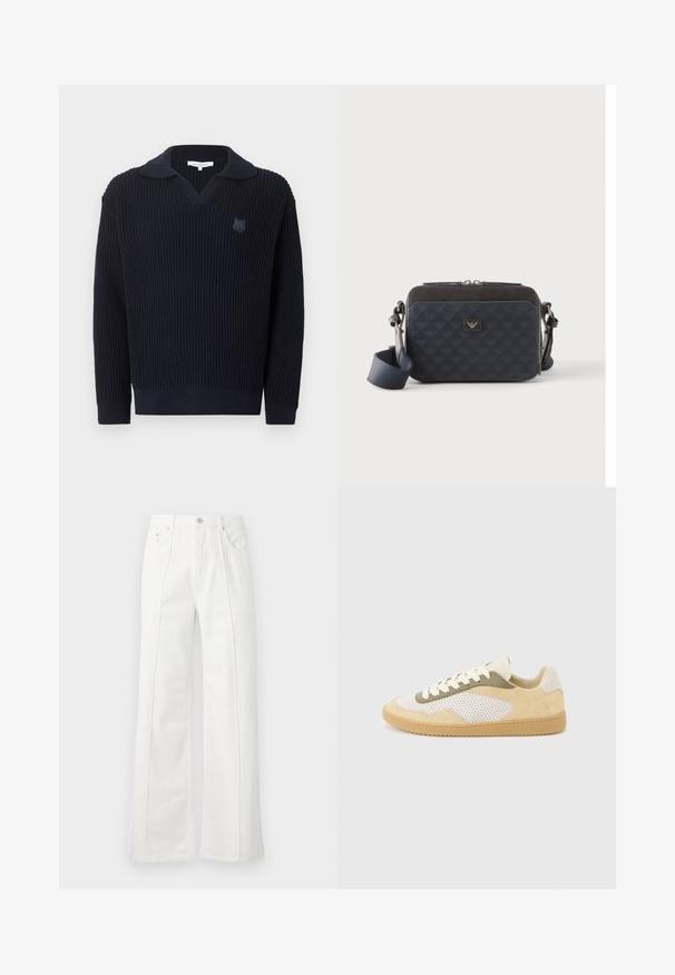 Pull en maille côtelée bleu marine foncé avec un col replié et un petit logo renard brodé sur le côté gauche de la poitrine.; Pantalon blanc taille haute à jambes larges avec coutures devant, passants de ceinture, fermeture par bouton et poches latérales sur fond uni.; Baskets basses en daim beige, panneaux en maille blanche, accents olive, lacets blancs et semelle en caoutchouc naturel sur fond gris clair.; Sac bandoulière rectangulaire bleu foncé avec sangle réglable, fermeture éclair et motif subtil du logo sur le panneau avant.