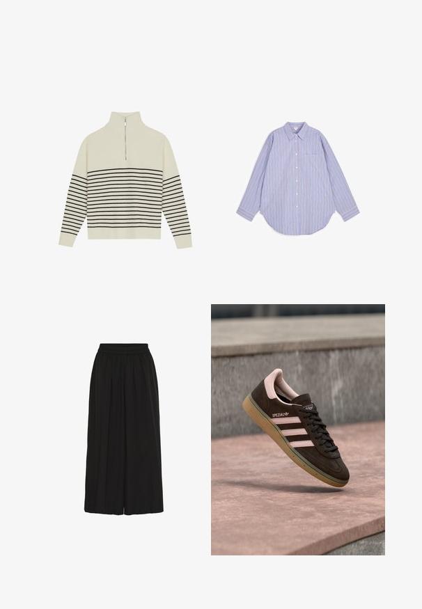 Kreemika värvi väljakutse kõrge kaelusega pullover, vertikaalse soonilise tekstuuriga ja horisontaalsete mustade triipudega kehas ja varrukatel. Hõbedane lukudetail.; Pikadena nööpidega särk helesinisest kangast, millel on vertikaalsed valged ja beežid triibud, terava krae ja eesmine tasku.; Mustad lühikesed püksid elastse vöökohaga, volditud esiküljega ja voolava kangaga. Sile tekstuur; nähtavaid detaile ega mustreid pole.; Tumepruun seemisnahast tennisking roosade detailidega, millel on kolm roosat triipu, tekstuurse tallaga ja küljele paigutatud logoga. Klassikalise madala profiiliga disain.