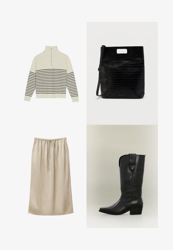 Cremefarvet pullover med høj krave, lodret ribbet tekstur og vandrette sorte striber over kroppen og ærmerne. Sølv lynlås detalje.; Beige midi nederdel med elastisk talje og justerbar snor, glat stof, lige snit, afslappet design.; Høj sort læder cowboystøvle med spids tå, kraftig hæl og trækstrop med lille gyldent logo.; Sort faux læder tote taske med krokodilletekstur, rektangulær form, håndtagsskæring i toppen og en aftagelig skulderstrop. Brandlogoet er vist.