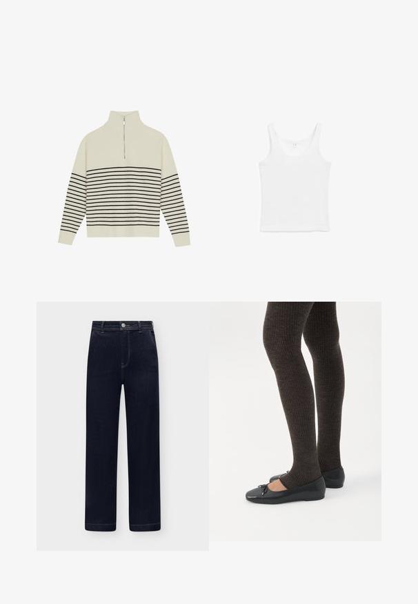 Pull crème avec un col haut, texture à côtes verticales et rayures noires horizontales sur le corps et les manches. Détail de fermeture éclair argenté.; Débardeur blanc sans manches avec encolure ronde, posé à plat sur fond blanc.; Jean en denim bleu foncé taille haute, coupe droite, poches avant, fermeture à boutons et passants de ceinture sur fond clair.; Jambes portant des leggings côtelés foncés associés à des ballerines noires avec de petits détails en nœud sur fond blanc.
