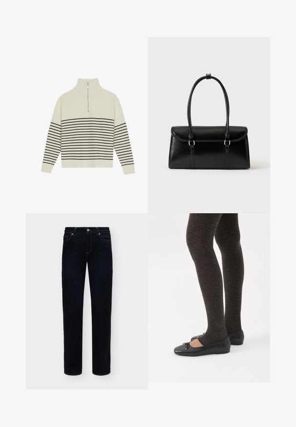 Cremefarvet pullover med høj krave, lodret ribbet tekstur og vandrette sorte striber over kroppen og ærmerne. Sølv lynlås detalje.; Mørkeblå jeans med lige ben, forrest lukning med knap og lynlås, fem-lomme-design og synlige sømme på en ensfarvet lys baggrund.; Ben iført mørke ribbede leggings kombineret med sorte balletsko med små sløjfedetaljer på hvid baggrund.; Sort rektangulær læderhåndtaske med klaplukning og to lange håndtag mod en ensfarvet hvid baggrund.