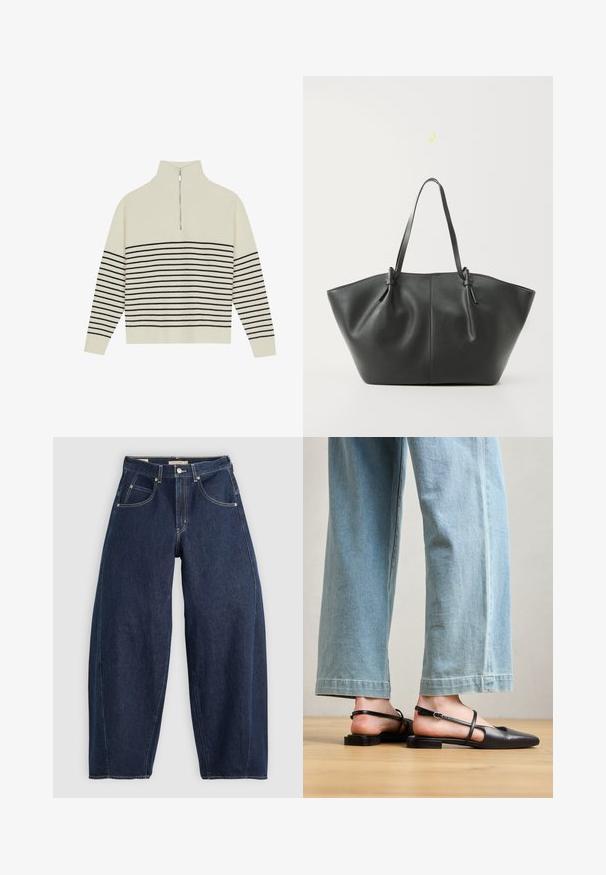 Crèmekleurige pullover met een hoge kraag, verticale geribbelde structuur en horizontale zwarte strepen over het lichaam en de mouwen. Zilveren ritsdetail.; Donkerblauwe denim jeans met een losse fit, lichte stiksels, vijf zakken en een knoopsluiting op de taille.; Zwarte leren slingback schoenen met een spitse neus, platte hak en enkelband; gedragen met lichtblauwe wijde jeans.; Vero Moda VMDITTA - Shopper - black