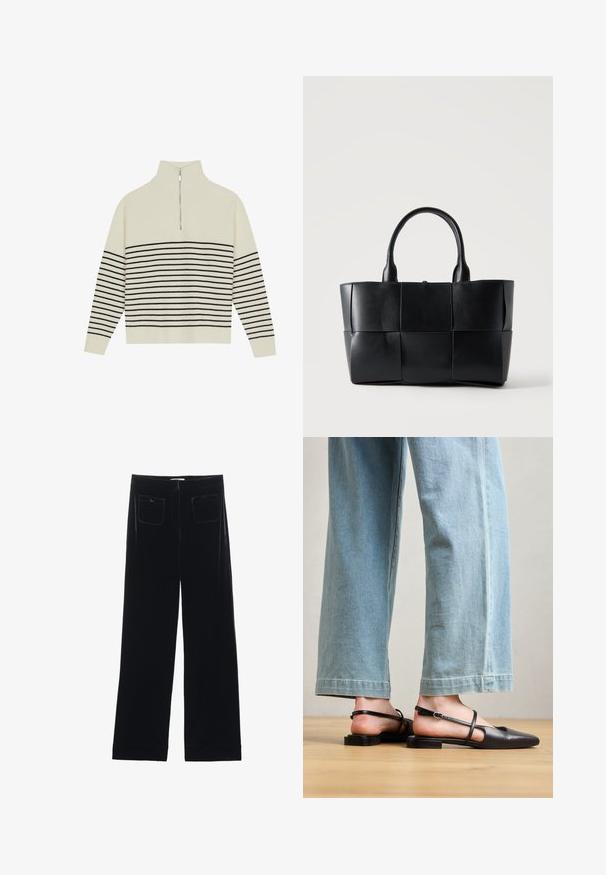 Pull crème avec un col haut, texture à côtes verticales et rayures noires horizontales sur le corps et les manches. Détail de fermeture éclair argenté.; Pantalons larges en velours noir avec deux poches arrière et une texture lisse, présentant une coupe droite et une finition ourlée aux chevilles.; Chaussures slingback en cuir noir avec un bout pointu, un talon plat et une bride à la cheville ; portées avec un jean large bleu clair.; Sac fourre-tout en cuir noir avec de grands panneaux carrés tissés et deux poignées arrondies sur un fond clair uni.