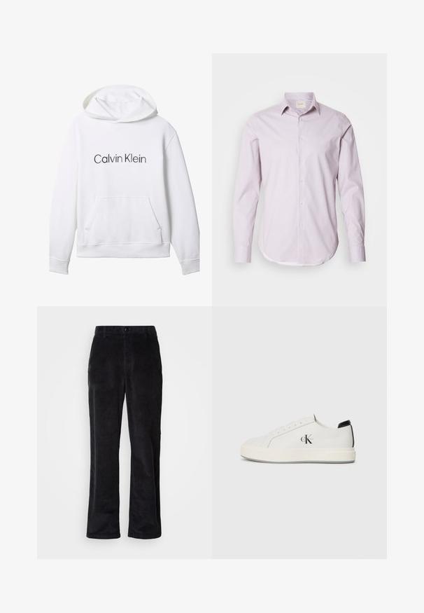 Sudadera blanca con capucha y bolsillo frontal, con la inscripción "Calvin Klein" en negro centrada en el pecho.; Camisa de manga larga de color rosa claro con pequeños lunares blancos, cuello abotonado y dobladillo redondeado. Fabricada con una tela suave y con un brillo sutil.; Pantalones de pana en negro intenso con un diseño de pierna recta, que presentan cierre de botón, trabillas para cinturón y bolsillos laterales para un uso funcional.; Zapatillas de cuero blanco con puntera redondeada, suela de goma plana y acento negro en el talón. Presenta un destacado logo negro de Calvin Klein en el costado.