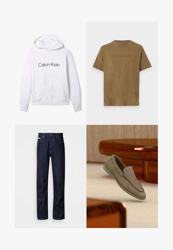 Sudadera blanca con capucha y bolsillo frontal, con la inscripción "Calvin Klein" en negro centrada en el pecho.; Camiseta de algodón de manga corta en verde oliva con el logo en relieve "Calvin Klein" en el pecho, cuello redondo y ajuste holgado.; Vaqueros de mezclilla azul oscuro con un diseño de pierna recta, que presentan un cierre de botón, cinco bolsillos y detalles de costura en contraste.; Mocasín beige de ante sin cordones con costuras visibles y suela clara, posicionado sobre una alfombra color crema, con un mueble translúcido naranja en el fondo.