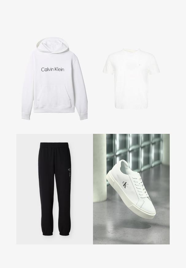 Valge kapuutsiga dressipluus esitaskuga ja "Calvin Klein" musta trükitähestikuga rinnal keskel.; Valge lühikeste varrukatega ümara kaelusega t-särk väikese tikitud "ck" logoga vasakul rinnal.; Mustad dressipüksid pehmest kangast, millel on elastne vöökoht, pahkluude juures soonikud ja külgedel trükitud logo.; Valge Calvin Kleini paeltega tennisejalanõu, mis on kuvad surnud põranda ja klaasplokkide seina taustal hõljuvana.