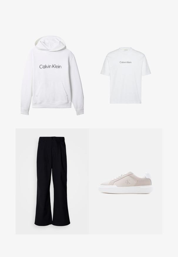 Valge kapuutsiga dressipluus esitaskuga ja "Calvin Klein" musta trükitähestikuga rinnal keskel.; Valge puuvillane lühikeste varrukatega T-särk. Omab ümmargust kaelust ning roostes halli trükitud "Calvin Klein" logo rinnal.; Mustad laiad püksid puuvillast, ees voldiga, nupuga kinnitamine ja vöökohaga, sile tekstuur ning ilma nähtavate mustriteta.; Beež madala lõikega toss, valge paksu tallaga, paelte ja kannatabiga, külgmisel plaadil on peen "cK" logo.