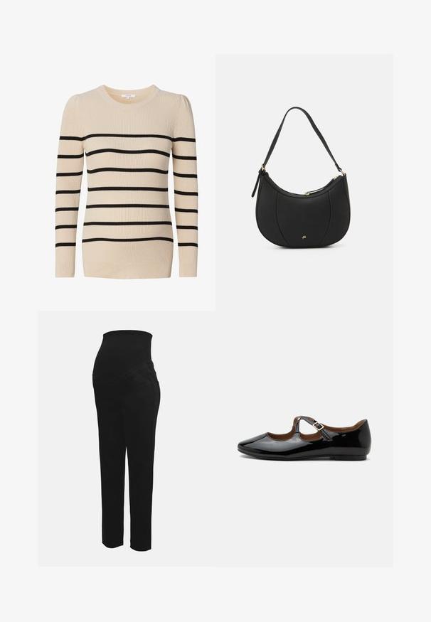 Pull à côtes beige avec des manches longues, présentant des rayures horizontales noires. Tissu texturé avec un col rond et une silhouette ajustée.; Pantalons de maternité noirs avec une taille haute extensible conçue pour soutenir un ventre de femme enceinte, coupe droite et poches avant.; Chaussure plate Mary Jane en cuir verni noir avec deux découpes et une bride à boucle dorée sur fond blanc.; Sac à main en cuir noir avec une forme courbée, surface texturée, coutures avant et un logo doré. Il est doté d'une seule sangle ajustable.