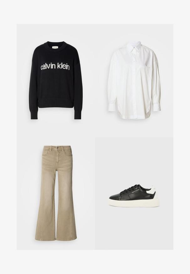 Suéter de punto negro de manga larga con cuello redondo y logo blanco de "calvin klein" centrado en el frente.; Camisa blanca de manga larga y botón, hecha de algodón, que cuenta con un bolsillo en el lado izquierdo del pecho y un corte relajado con dobladillo curvado.; Vaqueros de pierna ancha beige en resistente denim de algodón, con cierre de botón, diseño de cinco bolsillos y un sutil detalle de costura a lo largo de las costuras.; Zapatillas deportivas de cuero negro con talón blanco, puntera redonda, suela de goma blanca y cordones negros. Presentan un logo en el lateral. Textura lisa.