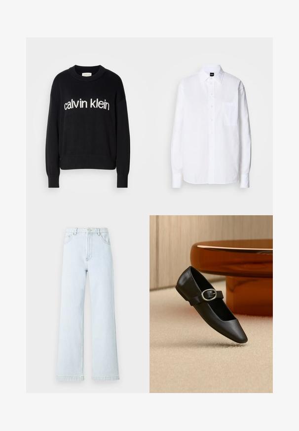 Pull en maille noir à manches longues avec col ras du cou et logo "calvin klein" blanc centré à l'avant.; Chemise blanche à boutons, en coton, avec un col classique, des manches longues, une poche poitrine et une texture lisse et structurée.; Jean large en denim bleu clair avec taille haute, design à cinq poches et détails de couture dorée. Texture lisse et coupe droite.; Chaussure plate Mary Jane en cuir noir avec boucle argentée, exposée sur un tapis beige près d'un pied de table rond marron.