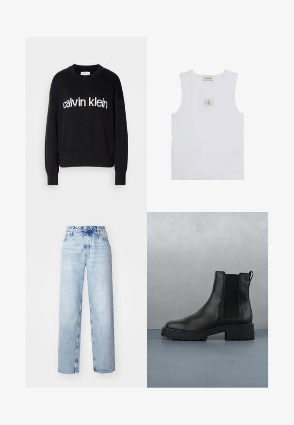 Sort langærmet striktrøje med rund hals og hvid "calvin klein" logo centreret på fronten.; Hvid ærmeløs tanktop med Calvin Klein Jeans-label på brystet og en label nær halsudskæringen på en ensfarvet hvid baggrund.; Lyseblå højtaljede jeans med løs pasform, der har lige ben, fem lommer og en klassisk knap- og lynlåslukning.; Sort læder Chelsea-boot med elastiske sidepaneler, tekstureret finish og en robust sål, placeret over brune træfliser med småsten.