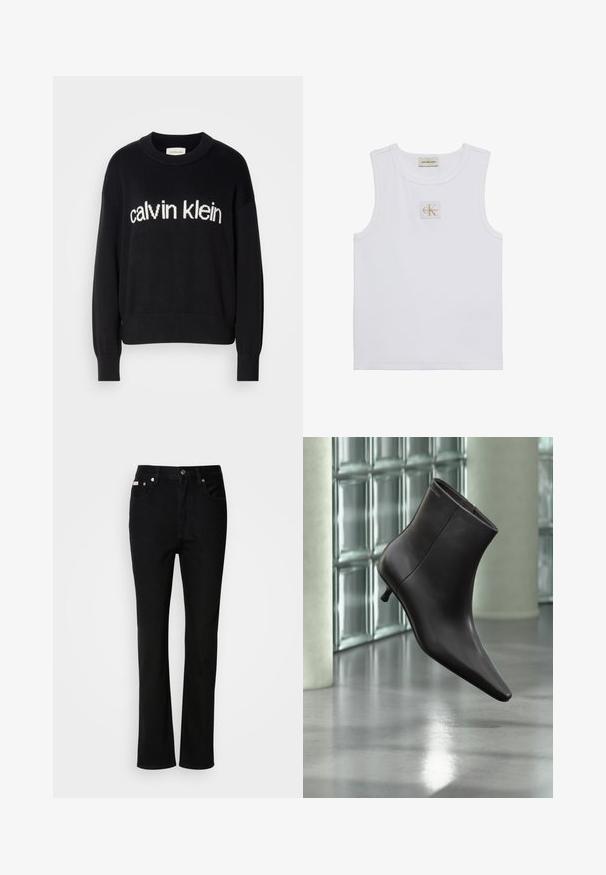 Sort langærmet striktrøje med rund hals og hvid "calvin klein" logo centreret på fronten.; Hvid ærmeløs tanktop med Calvin Klein Jeans-label på brystet og en label nær halsudskæringen på en ensfarvet hvid baggrund.; Sorte lige ben jeans med frontknap og lynlås, belteklip og fem-lomme design.; Sort læderankelstøvle med spids tå og lille hæl vist mod en væg af glasblokke og poleret gulv baggrund.