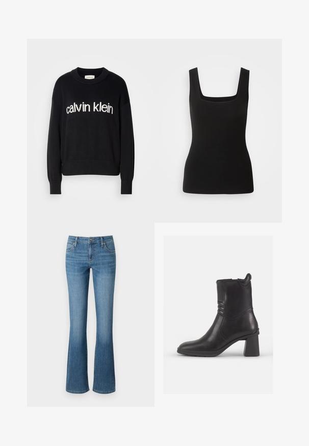 Suéter de punto negro de manga larga con cuello redondo y logo blanco de "calvin klein" centrado en el frente.; Top negro sin mangas con escote cuadrado, hecho de una tela suave; diseño ajustado sin patrones ni detalles metálicos.; Jeans acampanados azul denim, con una cintura alta, cinco bolsillos y un ligero desvanecimiento en los muslos, con costuras cosidas.; Botín negro de cuero hasta el tobillo con punta redonda, paneles laterales texturizados y un tacón grueso. Acabado suave y diseño minimalista.