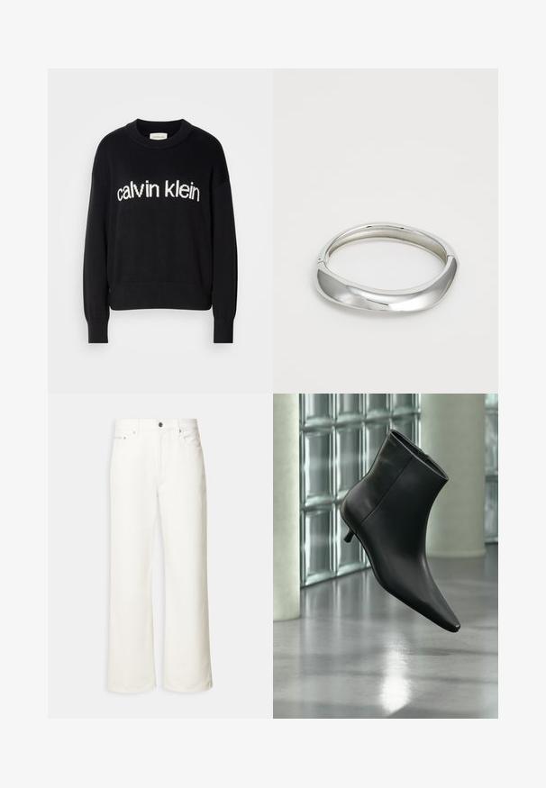 Pull en maille noir à manches longues avec col ras du cou et logo "calvin klein" blanc centré à l'avant.; Jean blanc à jambes larges avec boutons à l'avant, passants de ceinture et design à cinq poches.; Bottine en cuir noir à bout pointu et petit talon kitten, présentée en angle devant un sol poli et un mur en blocs de verre.; Bracelet en métal argenté avec un design lisse et courbé. Fini poli et bords arrondis créent une apparence sans couture.