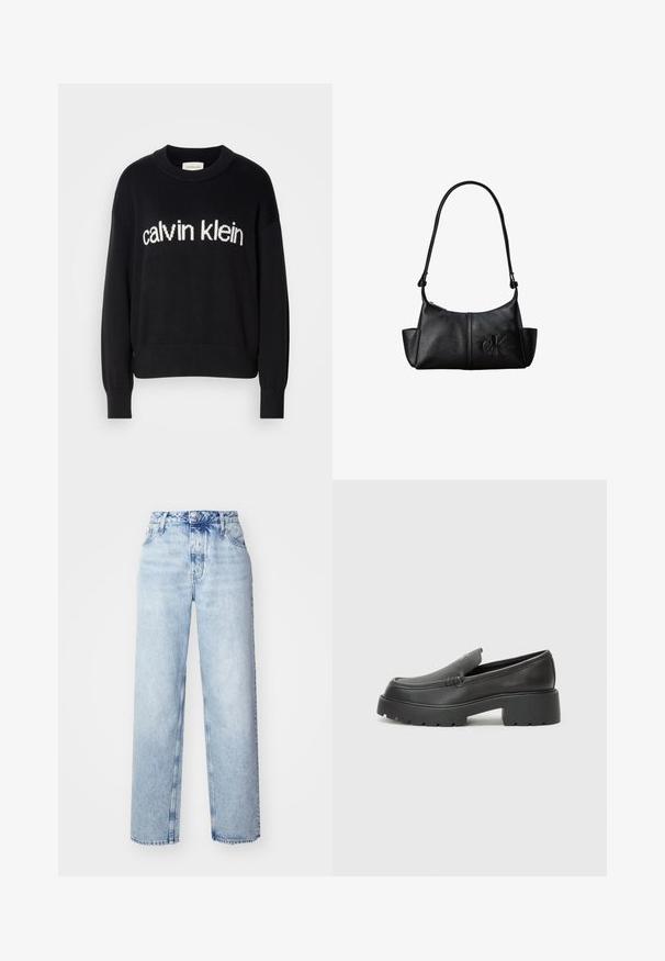 Pull en maille noir à manches longues avec col ras du cou et logo "calvin klein" blanc centré à l'avant.; Jeans taille haute bleu clair avec une coupe ample, mettant en avant des jambes droites, cinq poches et une fermeture classique à boutons et zip.; Mocassins en cuir noir avec un bout arrondi, une semelle épaisse et texturée, et des détails de couture minimalistes. Design épuré sans lacets ni métal visibles.; Sac à bandoulière en cuir noir avec une longue sangle, des poches latérales et le logo Calvin Klein embossé sur le devant.