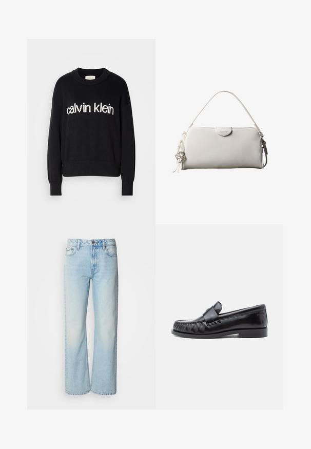 Sort langærmet striktrøje med rund hals og hvid "calvin klein" logo centreret på fronten.; Lyseblå brede jeans lavet af denim med et klassisk fem-lomme design og en subtil falmet tekstur. Denim-syninger er synlige.; Sorte læderloafers med rundet tå, karakteristisk syning og en dekorativ rem over vampen. Glat finish og lav hæl.; Hvid rektangulær Calvin Klein håndtaske med enkelt håndtag, minimalistisk design og dekorative kvaster med geometrisk metalvedhæng på siden.