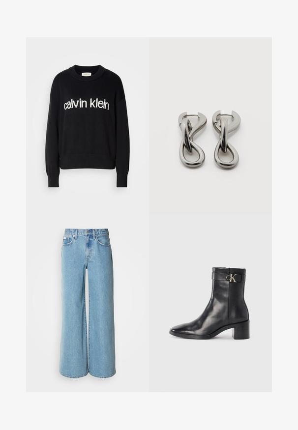 Suéter de punto negro de manga larga con cuello redondo y logo blanco de "calvin klein" centrado en el frente.; Jeans de mezclilla de corte ancho en un tono azul claro, con cintura alta, diseño de cinco bolsillos y un ligero desgastado en la tela.; Bota de tobillo de cuero negra con punta afilada, tacón cuadrado y una correa con un detalle de logo metálico. Textura suave y diseño minimalista.; Par de pendientes de metal con acabado plateado y diseño abstracto de bucles entrelazados sobre un fondo blanco.