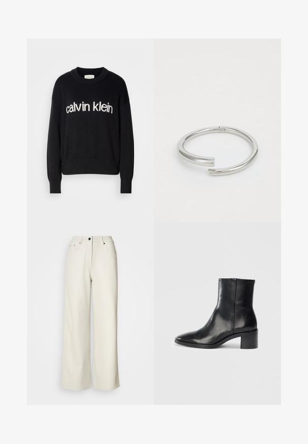 Sort langærmet striktrøje med rund hals og hvid "calvin klein" logo centreret på fronten.; Cremefarvede bukser med brede ben lavet af glat stof. Har en mellemhøj talje, lynlås i gulvet og to frontlommer med sorte hardware accenter.; Sorte læderankelstøvle med spids tå, lav blokhæl og subtilt præget logo. Glat tekstur med et elegant design og minimal søm.; Calvin Klein SPIRAL - Armbånd - silver-coloured