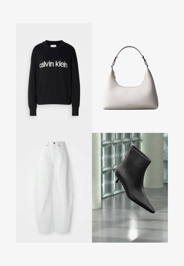 Sort langærmet striktrøje med rund hals og hvid "calvin klein" logo centreret på fronten.; Højtaljede hvide denimbukser med løs pasform. Har en knaplukning, sidelommer og et minimalistisk design. Glat tekstur.; Sort læderankelstøvle med spids tå og lille hæl vist mod en væg af glasblokke og poleret gulv baggrund.; Cremefarvet skuldertaske i læder fra Calvin Klein med buet topkant, sølvfarvet lynlås og mørkebrun justerbar rem.