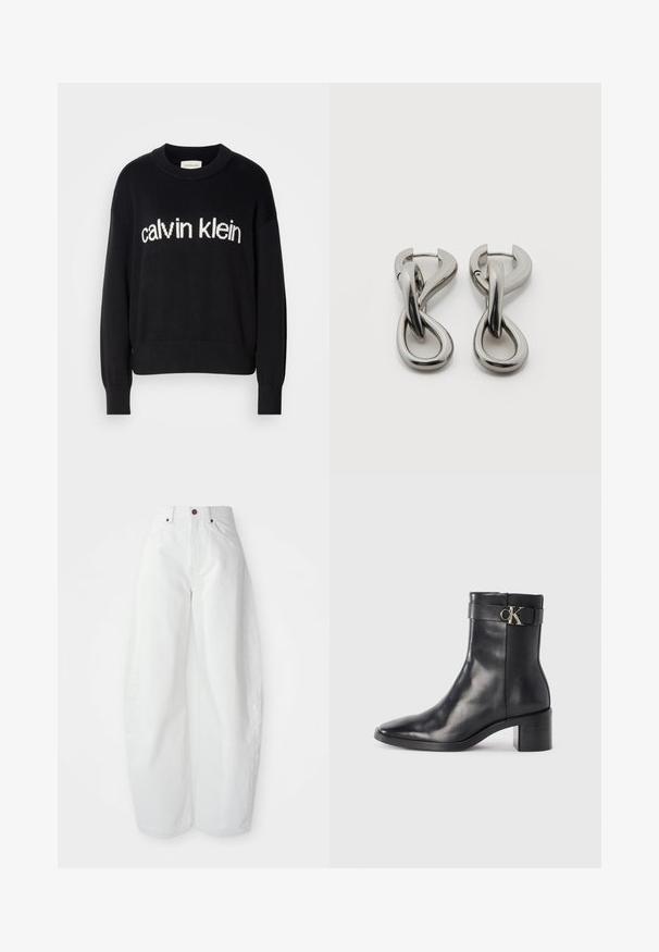 Pull en maille noir à manches longues avec col ras du cou et logo "calvin klein" blanc centré à l'avant.; Pantalons en denim blancs taille haute avec une coupe ample. Dotés d'une fermeture à bouton, de poches latérales et d'un design minimaliste. Texture lisse.; Botte de cheville en cuir noir avec un bout pointu, un talon carré et une sangle avec un détail de logo métallique. Texture lisse et design minimaliste.; Paire de boucles d'oreilles en métal argenté avec un motif abstrait d'anneaux entrelacés sur fond blanc.