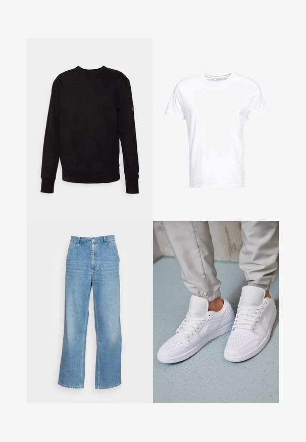 Schwarzer langärmeliger Crewneck-Sweatshirt mit gerippten Bündchen und Saum, kleinem Ziernähtchen am Halsausschnitt und einem Aufnäher am linken Ärmel.; Weißes Baumwoll-T-Shirt mit rundem Ausschnitt und kurzen Ärmeln, im klassischen Schnitt und mit glatter Textur. Keine sichtbaren Muster oder Hardware.; Helle blaue weit geschnittene Jeans aus Denim. Mit hoher Taille, Knopfverschluss und klassischem Five-Pocket-Design. Glatte Textur.; Weiße Ledersneaker mit perforierter Zehenbox, flachen Schnürsenkeln, gepolstertem Kragen und dem Jordan-Logo auf der Zunge. Getragen mit grauen Jogginghosen.