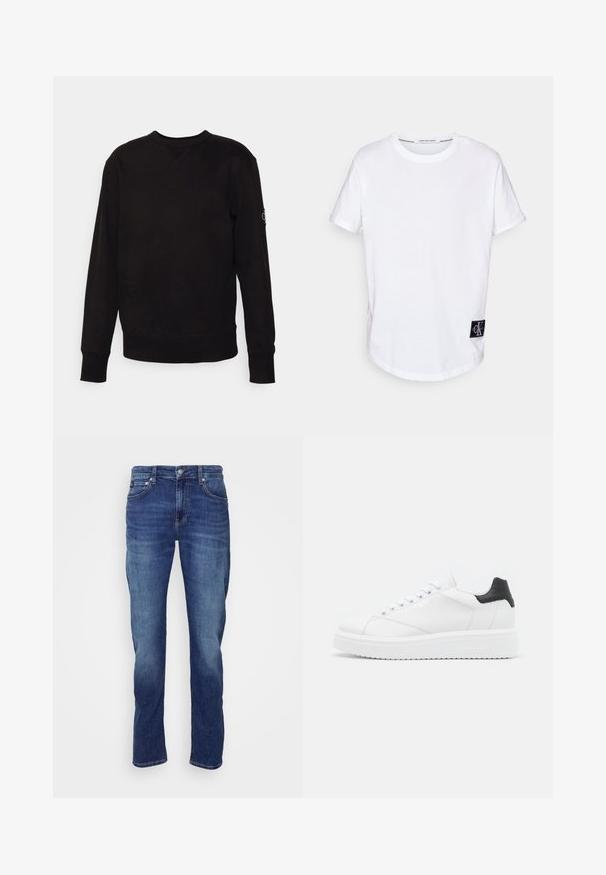 Schwarzer langärmeliger Crewneck-Sweatshirt mit gerippten Bündchen und Saum, kleinem Ziernähtchen am Halsausschnitt und einem Aufnäher am linken Ärmel.; Weißes Baumwoll-T-Shirt mit umgeschlagenen Kurzärmeln, abgerundetem Saum und einem schwarzen Logotag mit "CK" auf der unteren linken Seite.; Herren Jeans in Blau mit fünf Taschen, Knopfverschluss und leicht verwaschenen Frontoberschenkeln und Knien.; Weiße Leder-Sneaker mit schwarzem Fersenbereich, flachen Schnürsenkeln, strukturiertem Zwischensohlenteil und Branding auf der Außenseite. Entworfen für den Casual-Look.