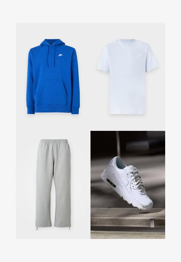 Sudadera con capucha azul hecha de tela suave, con un bolsillo delantero, capucha con cordón ajustable y un logo blanco de Nike en el pecho.; Camiseta de algodón de color azul claro con mangas cortas, cuello redondo y un logo blanco de Nike impreso en el pecho izquierdo. Textura suave, diseño sencillo.; Pantalones de chándal grises con una cintura elástica, piernas rectas y detalles de cordones en el dobladillo. Fabricados en una suave tela texturizada.; Zapatilla blanca de piel con superficies texturizadas, cuello acolchado y amortiguación de aire visible en la suela. Presenta cordones y un diseño minimalista.
