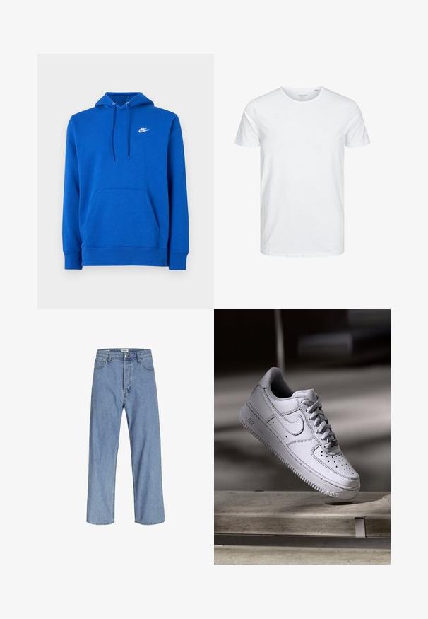 Sudadera con capucha azul hecha de tela suave, con un bolsillo delantero, capucha con cordón ajustable y un logo blanco de Nike en el pecho.; Camiseta de manga corta y cuello redondo en blanco sólido, fabricada en algodón suave, presenta un diseño simple sin patrones ni acentos visibles.; Vaqueros de denim azul claro con un ajuste relajado, que presentan una cintura alta, perneras anchas y un diseño de cinco bolsillos. La tela tiene una textura suave.; Zapatilla Nike Air Force 1 de cuero blanco que presenta una puntera perforada, cordones planos y una suela de goma texturizada con la marca "AIR" en el lateral.