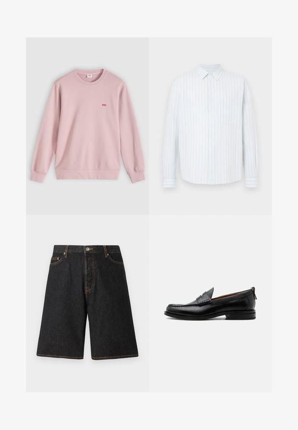 Sweat-shirt à col rond rose clair avec manches longues et petit logo Levi’s rouge sur la poitrine gauche, présenté sur un fond clair et plat.; Chemise à manches longues avec boutons, rayures verticales bleu clair et beige, une poche poitrine et un col classique.; Shorts en denim noir avec une coupe droite, présentant des coutures orange, cinq poches et une fermeture à bouton en métal à la taille.; Mocassin homme en cuir noir avec couture moc toe, bride penny, col texturé et petit talon empilé sur fond blanc.